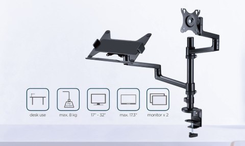 GEMBIRD BIURKOWE REGULOWANE RAMIĘ/UCHWYT NA MONITOR + PODSTAWKA NA NOTEBOOKA 17-32, VESA 100X100MM, DO 8 KG GEMBIRD GEMBIRD BIURKOWE REGULOWANE RAMIĘ/UCHWYT NA MONITOR + PODSTAWKA NA NOTEBOOKA 17-32, VESA 100X100MM, DO 8 KG GEMBIRD