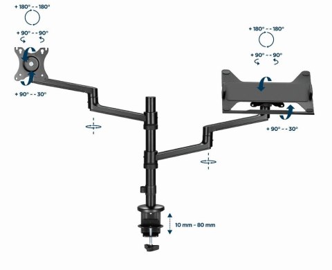 GEMBIRD BIURKOWE REGULOWANE RAMIĘ/UCHWYT NA MONITOR + PODSTAWKA NA NOTEBOOKA 17-32, VESA 100X100MM, DO 8 KG GEMBIRD GEMBIRD BIURKOWE REGULOWANE RAMIĘ/UCHWYT NA MONITOR + PODSTAWKA NA NOTEBOOKA 17-32, VESA 100X100MM, DO 8 KG GEMBIRD