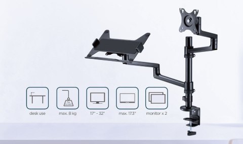 GEMBIRD BIURKOWE REGULOWANE RAMIĘ/UCHWYT NA MONITOR + PODSTAWKA NA NOTEBOOKA 17-32, VESA 100X100MM, DO 8 KG GEMBIRD GEMBIRD BIURKOWE REGULOWANE RAMIĘ/UCHWYT NA MONITOR + PODSTAWKA NA NOTEBOOKA 17-32, VESA 100X100MM, DO 8 KG GEMBIRD