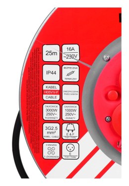 Przedłużacz elektryczny bębnowy 25M VERTEX 3x2,5mm PB25METAL czarny VERTEX