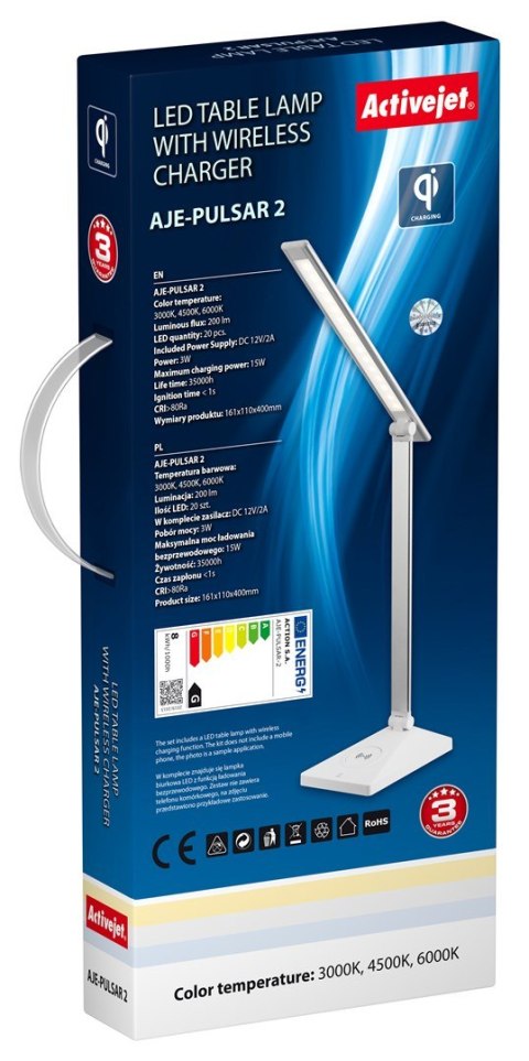 Nowoczesna lampka na biurko LED Activejet PULSAR 2 biała z funkcją szybkiego ładowana bezprzewodowego urządzeń Activejet Nowoczesna lampka na biurko LED Activejet PULSAR 2 biała z funkcją szybkiego ładowana bezprzewodowego urządzeń Activejet
