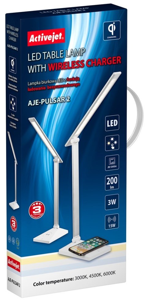 Nowoczesna lampka na biurko LED Activejet PULSAR 2 biała z funkcją szybkiego ładowana bezprzewodowego urządzeń Activejet Nowoczesna lampka na biurko LED Activejet PULSAR 2 biała z funkcją szybkiego ładowana bezprzewodowego urządzeń Activejet