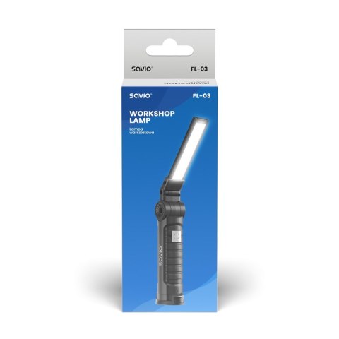 SAVIO LAMPA WARSZTATOWA AKUMULATOROWA COB LED 3W, USB, 150 LM, SKŁADANA, Z MAGNESEM, FL-03 SAVIO SAVIO LAMPA WARSZTATOWA AKUMULATOROWA COB LED 3W, USB, 150 LM, SKŁADANA, Z MAGNESEM, FL-03 SAVIO