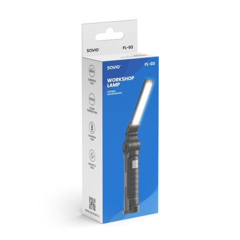 SAVIO LAMPA WARSZTATOWA AKUMULATOROWA COB LED 3W, USB, 150 LM, SKŁADANA, Z MAGNESEM, FL-03 SAVIO SAVIO LAMPA WARSZTATOWA AKUMULATOROWA COB LED 3W, USB, 150 LM, SKŁADANA, Z MAGNESEM, FL-03 SAVIO