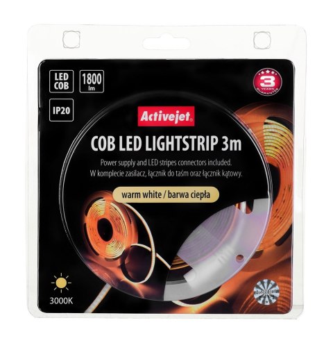 Taśma LED COB 3m z zasilaczem barwa ciepła IP20 Activejet Taśma LED COB 3m z zasilaczem barwa ciepła IP20 Activejet