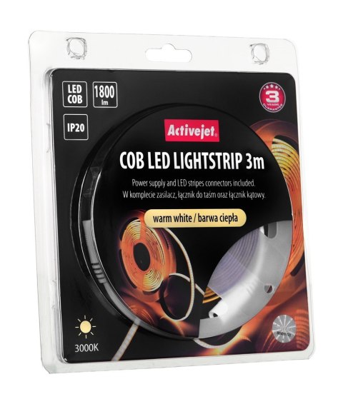 Taśma LED COB 3m z zasilaczem barwa ciepła IP20 Activejet Taśma LED COB 3m z zasilaczem barwa ciepła IP20 Activejet