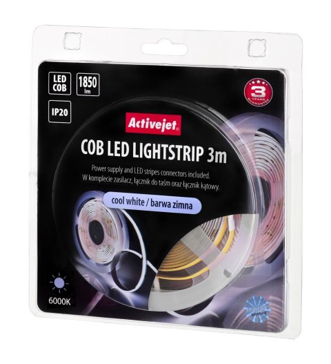Taśma LED COB 3m z zasilaczem barwa zimna IP20 Activejet Taśma LED COB 3m z zasilaczem barwa zimna IP20 Activejet