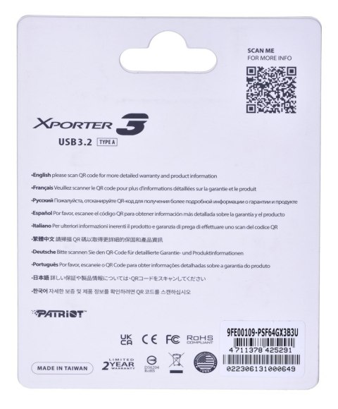 PARTIOT FLASHDRIVE Xporter 3 64GB Type A USB3.2 Patriot Memory PARTIOT FLASHDRIVE Xporter 3 64GB Type A USB3.2 Patriot Memory