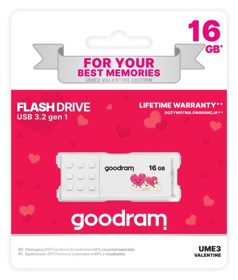 Pendrive GoodRam UME3-0160W0R11-V (16GB; USB 3.0; kolor biały) VALENTINE GoodRam Pendrive GoodRam UME3-0160W0R11-V (16GB; USB 3.0; kolor biały) VALENTINE GoodRam