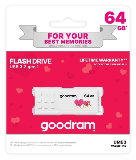 Pendrive GoodRam UME3-0640W0R11-V (64GB; USB 3.0; kolor biały) VALENTINE GoodRam Pendrive GoodRam UME3-0640W0R11-V (64GB; USB 3.0; kolor biały) VALENTINE GoodRam