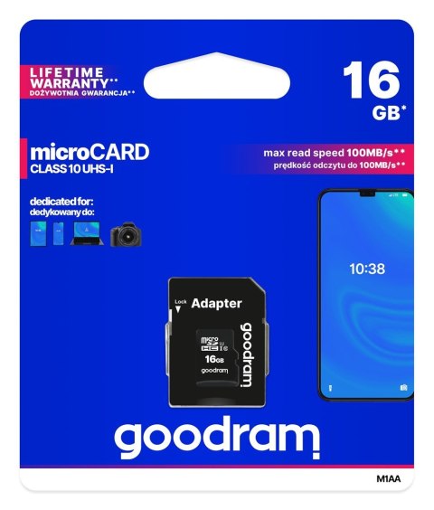 Karta pamięci GoodRam M1AA-0160R12 (16GB; Class 10, Class U1; Adapter, Karta pamięci) GoodRam Karta pamięci GoodRam M1AA-0160R12 (16GB; Class 10, Class U1; Adapter, Karta pamięci) GoodRam