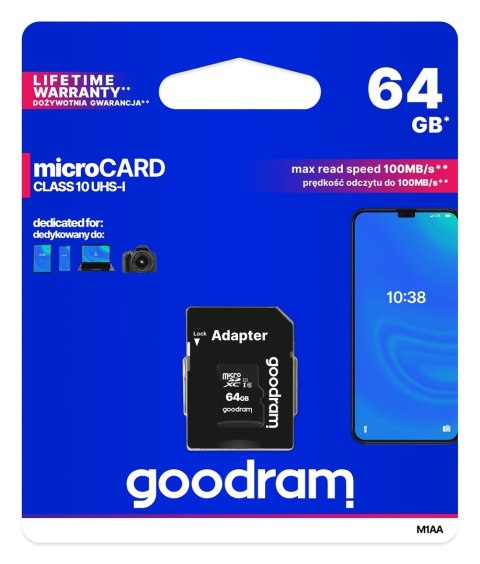 Karta pamięci GoodRam M1AA-0640R12 (64GB; Class 10; + adapter) GoodRam Karta pamięci GoodRam M1AA-0640R12 (64GB; Class 10; + adapter) GoodRam