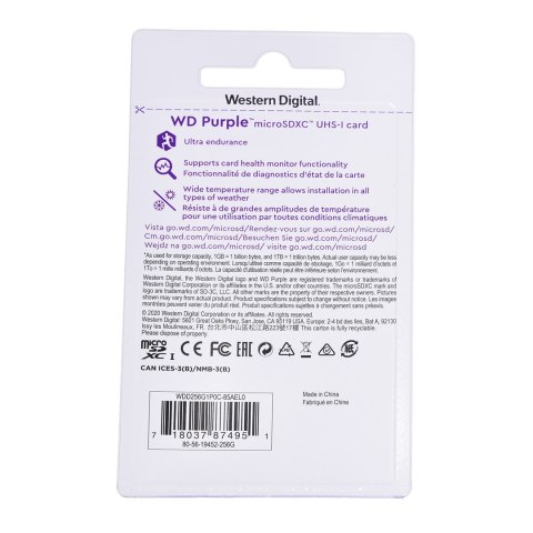 Karta pamięci WD Purple microSDXC WDD0256G1P0C (256GB; Class 10, Class U1) WD Karta pamięci WD Purple microSDXC WDD0256G1P0C (256GB; Class 10, Class U1) WD