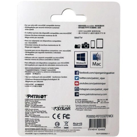 Karta pamięci z adapterem Patriot Memory EP Pro PEF512GEP31MCX (512GB; Class 10, Class A1, Class U3, V30; Adapter, Karta pamięci Patriot Memory Karta pamięci z adapterem Patriot Memory EP Pro PEF512GEP31MCX (512GB; Class 10, Class A1, Class U3, V30; Adapter, Karta pamięci Patriot Memory