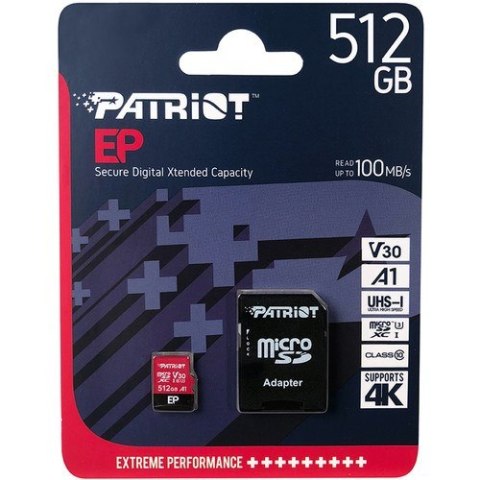 Karta pamięci z adapterem Patriot Memory EP Pro PEF512GEP31MCX (512GB; Class 10, Class A1, Class U3, V30; Adapter, Karta pamięci Patriot Memory Karta pamięci z adapterem Patriot Memory EP Pro PEF512GEP31MCX (512GB; Class 10, Class A1, Class U3, V30; Adapter, Karta pamięci Patriot Memory