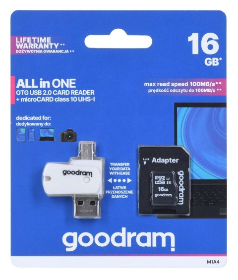 Karta pamięci z adapterem i czytnikiem kart GoodRam All in one M1A4-0160R12 (16GB; Class 10; Adapter, Czytnik kart MicroSDHC, Ka GoodRam Karta pamięci z adapterem i czytnikiem kart GoodRam All in one M1A4-0160R12 (16GB; Class 10; Adapter, Czytnik kart MicroSDHC, Ka GoodRam