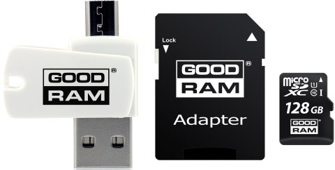 Karta pamięci z adapterem i czytnikiem kart GoodRam All in one M1A4-1280R12 (128GB; Class 10; Adapter, Czytnik kart MicroSDHC, K GoodRam Karta pamięci z adapterem i czytnikiem kart GoodRam All in one M1A4-1280R12 (128GB; Class 10; Adapter, Czytnik kart MicroSDHC, K GoodRam