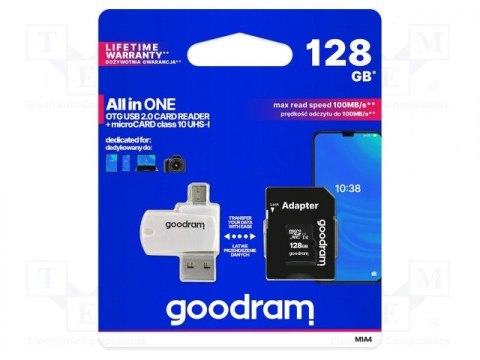 Karta pamięci z adapterem i czytnikiem kart GoodRam All in one M1A4-1280R12 (128GB; Class 10; Adapter, Czytnik kart MicroSDHC, K GoodRam Karta pamięci z adapterem i czytnikiem kart GoodRam All in one M1A4-1280R12 (128GB; Class 10; Adapter, Czytnik kart MicroSDHC, K GoodRam