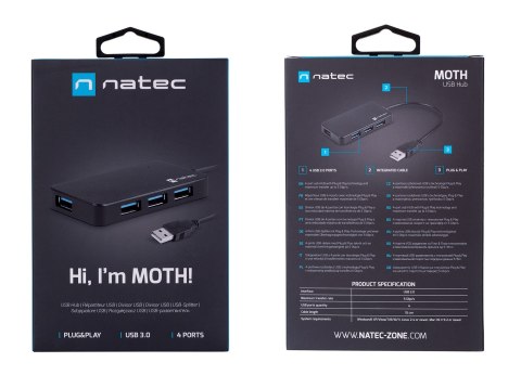 Hub NATEC Moth NHU-1342 (4x USB 3.0; kolor czarny) NATEC Hub NATEC Moth NHU-1342 (4x USB 3.0; kolor czarny) NATEC