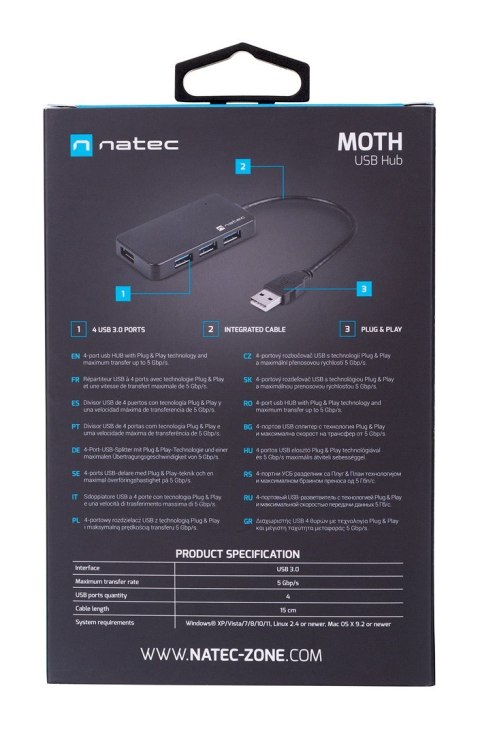 Hub NATEC Moth NHU-1342 (4x USB 3.0; kolor czarny) NATEC Hub NATEC Moth NHU-1342 (4x USB 3.0; kolor czarny) NATEC