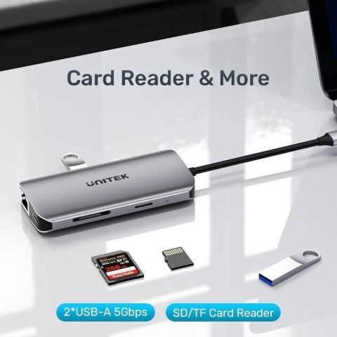 UNITEK AKTYWNY HUB USB-C 2X HDMI, CZYTNIK SD, 4K, RJ-45, PD 100W, 5 GBPS UNITEK UNITEK AKTYWNY HUB USB-C 2X HDMI, CZYTNIK SD, 4K, RJ-45, PD 100W, 5 GBPS UNITEK