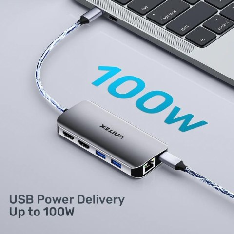 UNITEK AKTYWNY HUB USB-C 2X HDMI, CZYTNIK SD, 4K, RJ-45, PD 100W, 5 GBPS UNITEK UNITEK AKTYWNY HUB USB-C 2X HDMI, CZYTNIK SD, 4K, RJ-45, PD 100W, 5 GBPS UNITEK