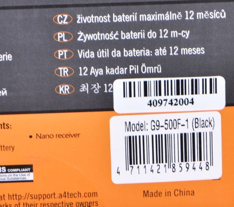 Mysz A4 TECH V-track G9-500F-1 A4TMYS40974 (optyczna; 2000 DPI; kolor czarny) A4 TECH Mysz A4 TECH V-track G9-500F-1 A4TMYS40974 (optyczna; 2000 DPI; kolor czarny) A4 TECH