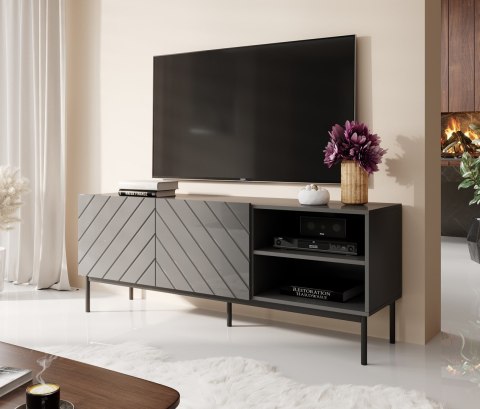 Szafka RTV ABETO na czarnym stelażu ze stali 150x42x60 grafit/grafit połysk Cama MEBLE Szafka RTV ABETO na czarnym stelażu ze stali 150x42x60 grafit/grafit połysk Cama MEBLE