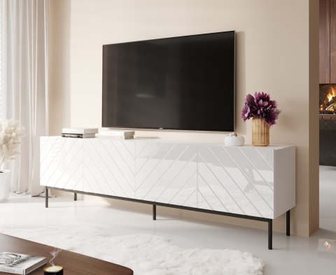 Szafka RTV ABETO na czarnym stelażu ze stali 200x42x60 biały/biały połysk Cama MEBLE Szafka RTV ABETO na czarnym stelażu ze stali 200x42x60 biały/biały połysk Cama MEBLE