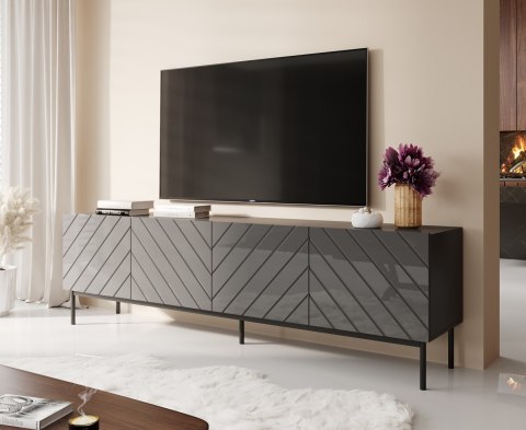 Szafka RTV ABETO na czarnym stelażu ze stali 200x42x60 grafit/grafit połysk Cama MEBLE Szafka RTV ABETO na czarnym stelażu ze stali 200x42x60 grafit/grafit połysk Cama MEBLE