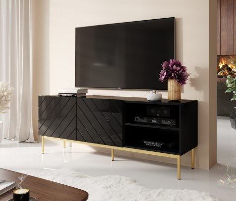 Szafka RTV ABETO na złotym stelażu ze stali 150x42x60 czarny/czarny połysk Cama MEBLE Szafka RTV ABETO na złotym stelażu ze stali 150x42x60 czarny/czarny połysk Cama MEBLE