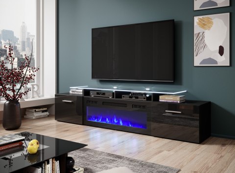 Szafka RTV ROVA z kominkiem elektrycznym 190x37x48 czarny/czarny połysk Cama MEBLE Szafka RTV ROVA z kominkiem elektrycznym 190x37x48 czarny/czarny połysk Cama MEBLE