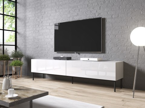 Szafka RTV SLIDE na czarnym stelażu ze stali 200x40xH50 cała w białym połysku Cama MEBLE Szafka RTV SLIDE na czarnym stelażu ze stali 200x40xH50 cała w białym połysku Cama MEBLE