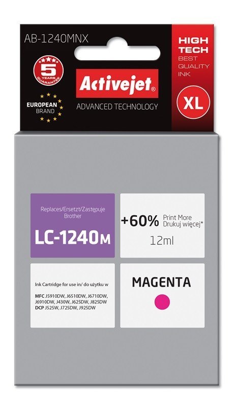 Activejet AB-1240MNX Tusz (zamiennik Brother LC1240M/1220M; Supreme; 12 ml; czerwony) Activejet Activejet AB-1240MNX Tusz (zamiennik Brother LC1240M/1220M; Supreme; 12 ml; czerwony) Activejet