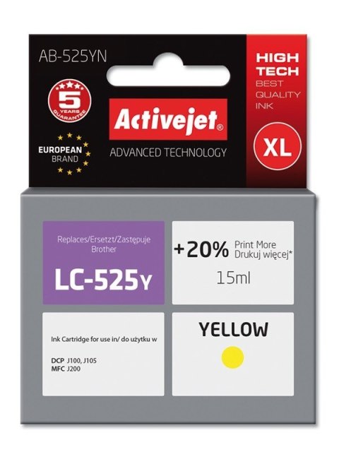 Activejet AB-525YN Tusz (zamiennik Brother LC525Y; Supreme; 15 ml; żółty) Activejet Activejet AB-525YN Tusz (zamiennik Brother LC525Y; Supreme; 15 ml; żółty) Activejet