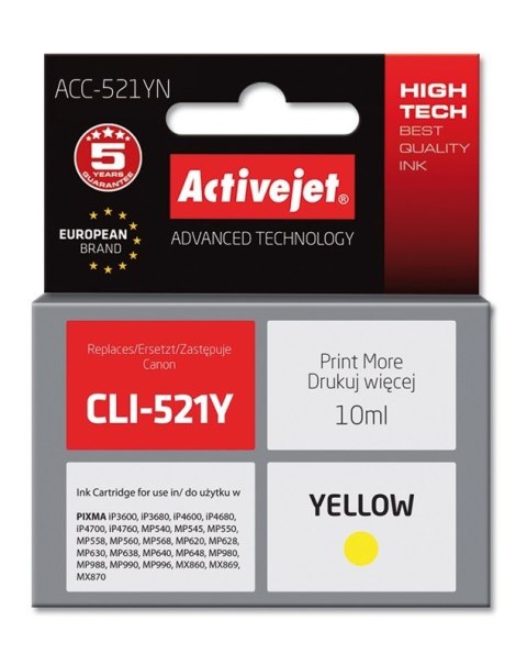 Activejet ACC-521YN Tusz (zamiennik Canon CLI-521Y; Supreme; 10 ml; żółty) Activejet Activejet ACC-521YN Tusz (zamiennik Canon CLI-521Y; Supreme; 10 ml; żółty) Activejet