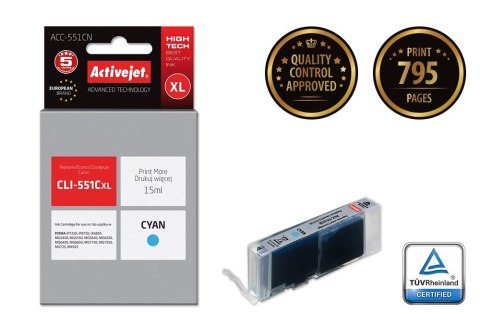 Activejet ACC-551CN Tusz (zamiennik Canon CLI-551C; Supreme; 15 ml; niebieski) Activejet Activejet ACC-551CN Tusz (zamiennik Canon CLI-551C; Supreme; 15 ml; niebieski) Activejet