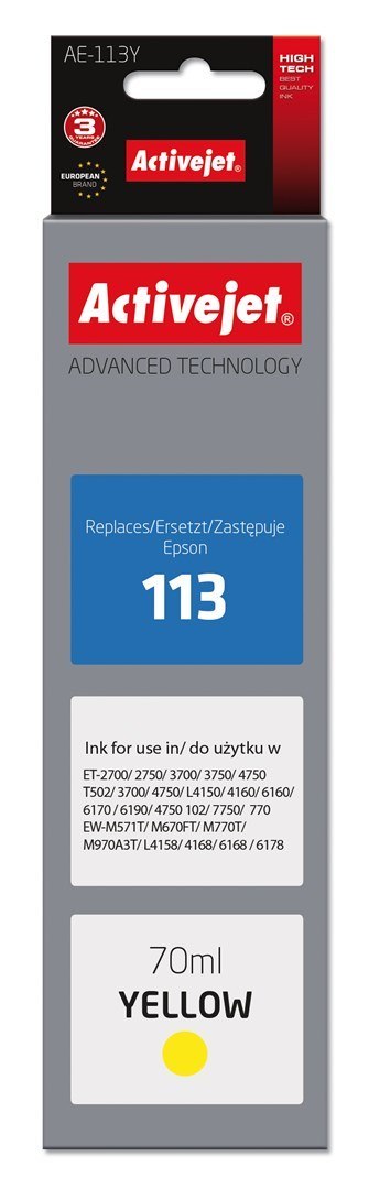 Activejet AE-113Y Tusz (zamiennik Epson 113 C13T06B440; Supreme;70ml; żółty) Activejet Activejet AE-113Y Tusz (zamiennik Epson 113 C13T06B440; Supreme;70ml; żółty) Activejet