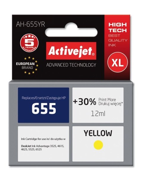 Activejet AH-655YR Tusz (zamiennik HP 655 CZ112AE; Premium; 12 ml; żółty) Activejet Activejet AH-655YR Tusz (zamiennik HP 655 CZ112AE; Premium; 12 ml; żółty) Activejet