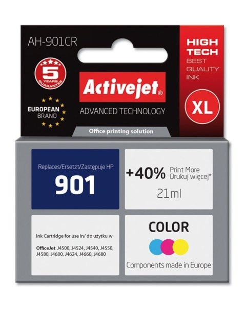 Activejet AH-901CR Tusz (zamiennik HP 901 CC656AE; Premium; 21 ml; kolor) Activejet Activejet AH-901CR Tusz (zamiennik HP 901 CC656AE; Premium; 21 ml; kolor) Activejet