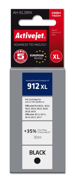 Activejet AH-912BRX Tusz (zamiennik HP 912XL 3YL84AE; Premium; 1100 stron; 30 ml, czarny) Activejet