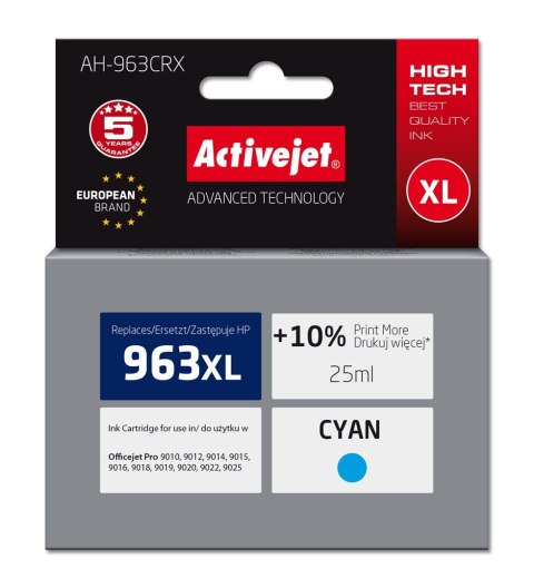 Activejet AH-963CRX Tusz (zamiennik HP 963XL 3JA27AE; Premium; 1760 stron; 25 ml, niebieski) Activejet Activejet AH-963CRX Tusz (zamiennik HP 963XL 3JA27AE; Premium; 1760 stron; 25 ml, niebieski) Activejet
