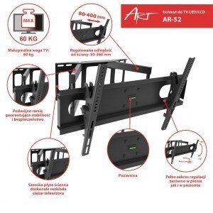 Uchwyt ścienny do telewizora ART AR-52 (ścienne; 30" - 70"; max. 60kg) ART Uchwyt ścienny do telewizora ART AR-52 (ścienne; 30" - 70"; max. 60kg) ART