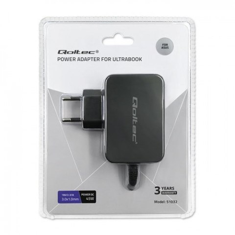 QOLTEC ZASILACZ DO ULTRABOOKA ASUS 45W | 19V | 2.37A | 3.0*1.0 Qoltec QOLTEC ZASILACZ DO ULTRABOOKA ASUS 45W | 19V | 2.37A | 3.0*1.0 Qoltec