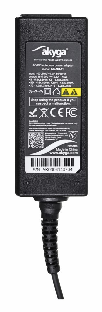 Zasilacz uniwersalny Akyga AK-NU-11 do notebooka (20 V; 2,25 A; 45W; 4.8 mm, 5.5 mm, 7.4 mm x 1.7 mm, 2.5 mm, 3 mm, 5 mm) Akyga Zasilacz uniwersalny Akyga AK-NU-11 do notebooka (20 V; 2,25 A; 45W; 4.8 mm, 5.5 mm, 7.4 mm x 1.7 mm, 2.5 mm, 3 mm, 5 mm) Akyga