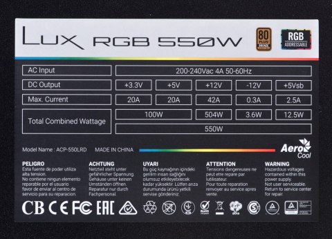 Zasilacz Aerocool LUX AEROPGSLUXRGB-550 (550 W; 120 mm) Aerocool Zasilacz Aerocool LUX AEROPGSLUXRGB-550 (550 W; 120 mm) Aerocool
