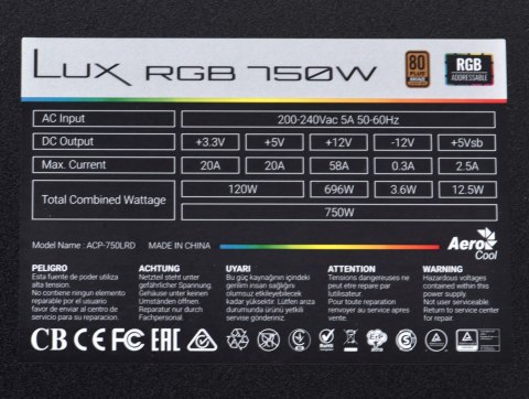 Zasilacz Aerocool LUX AEROPGSLUXRGB-750 (750 W; 120 mm) Aerocool Zasilacz Aerocool LUX AEROPGSLUXRGB-750 (750 W; 120 mm) Aerocool