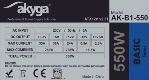 Zasilacz Akyga Basic AK-B1-550 (550 W; Pasywne; 120 mm) Akyga Zasilacz Akyga Basic AK-B1-550 (550 W; Pasywne; 120 mm) Akyga