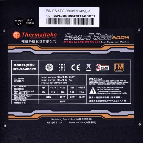 Zasilacz Thermaltake Smart SE2 600W PS-SPS-0600MNSAWE-1 (600 W; Aktywne; 120 mm) Thermaltake Zasilacz Thermaltake Smart SE2 600W PS-SPS-0600MNSAWE-1 (600 W; Aktywne; 120 mm) Thermaltake