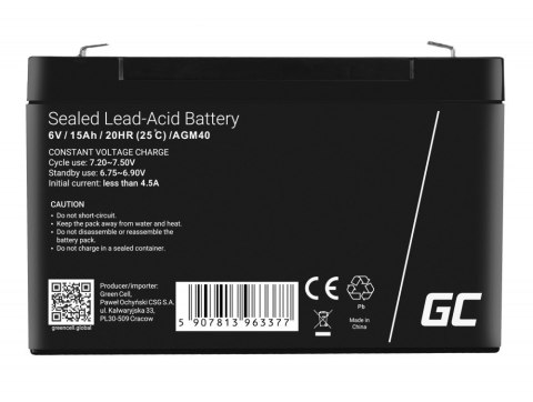 GREEN CELL AKUMULATOR ŻELOWY AGM40 6V 15AH Green Cell GREEN CELL AKUMULATOR ŻELOWY AGM40 6V 15AH Green Cell